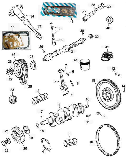 Image for 3 bearing Crankshaft. Pistons. Rods. Flywheel. Bearings. Cam etc.